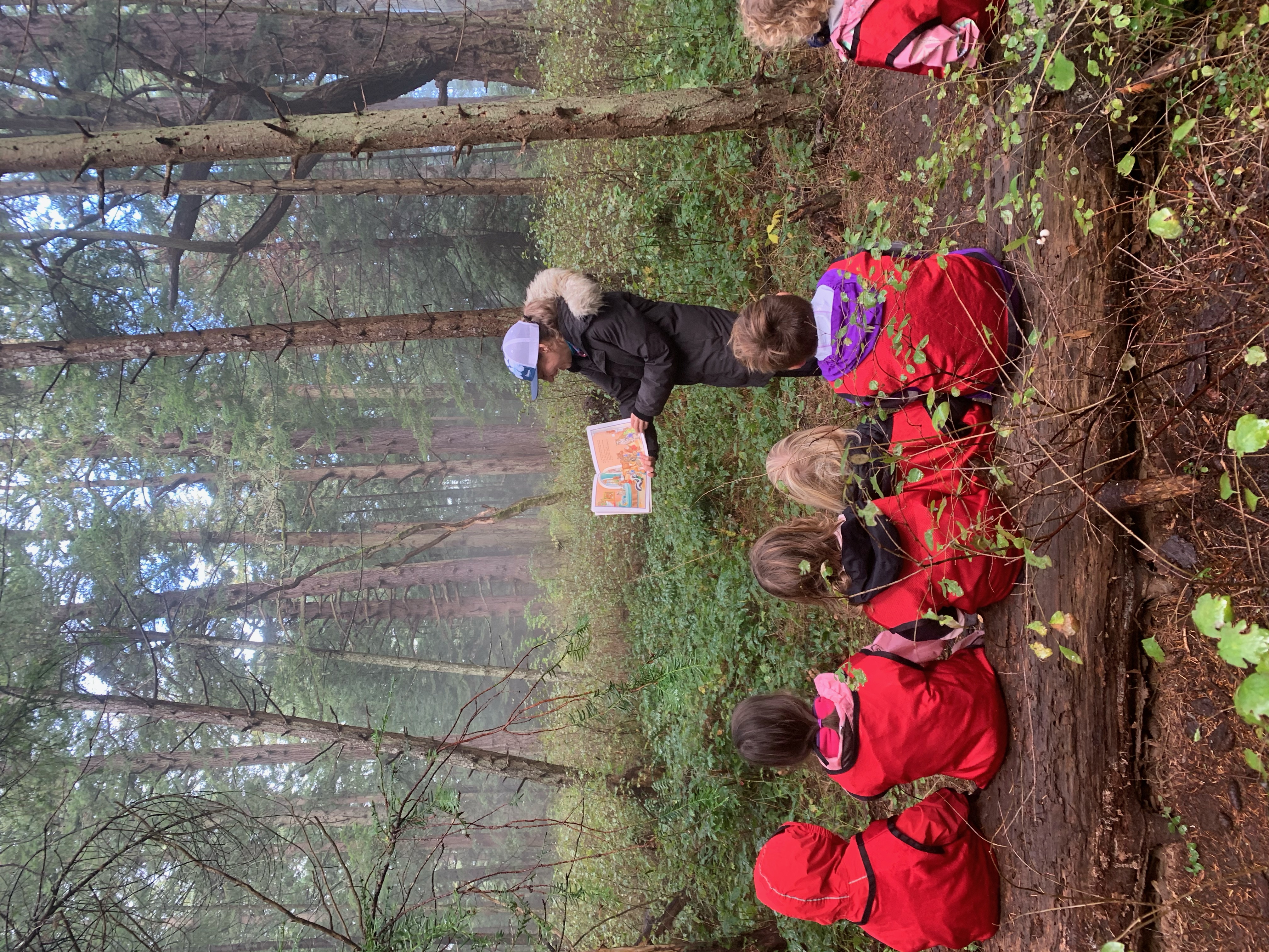 Woman outside reading a book to children 