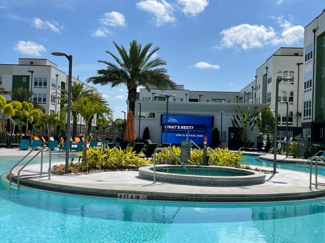 Resort-style pool and recreation centre at Flamingo Crossings Village near the Walt Disney World Resort.