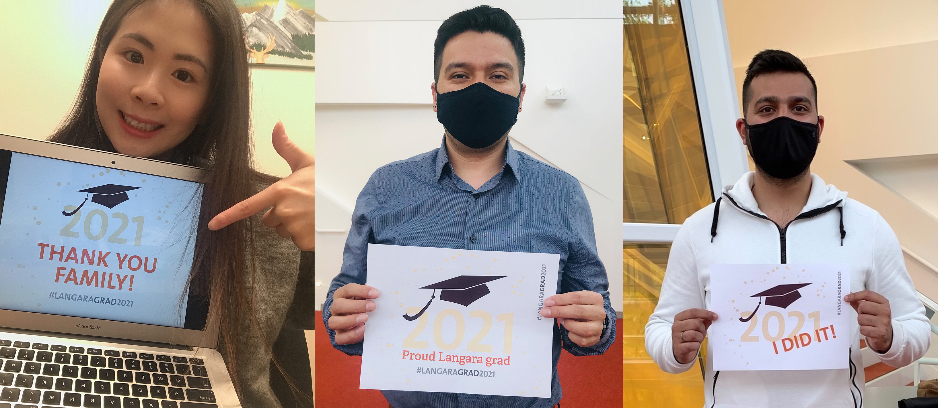 Graduates hold signs and taking selfies